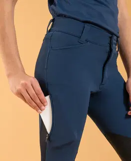 nohavice Detské jazdecké nohavice 500 s adhezívnymi nášivkami tyrkysovo-modré