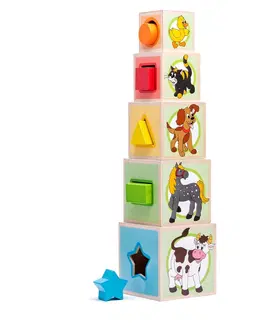 Drevené hračky Woody veža z 5tich kociek zvieratká