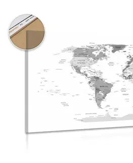 Obrazy na korku Obraz na korku detailná mapa sveta v čiernobielom prevedení