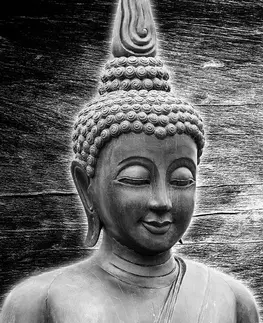 Samolepiace tapety Samolepiaca tapeta čiernobiela socha Budhu na drevenom pozadí