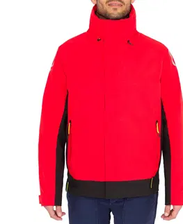bundy a vesty Pánska nepremokavá bunda Sailing 500 do dažďa červeno-čierna