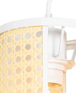 Zavesne lampy Retro závesné svietidlo biele s ratanovým 3-svetlom podlhovasté - Akira