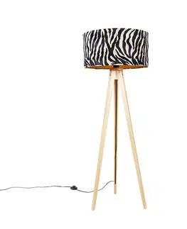 Stojace lampy Stojacia lampa drevená s látkovým tienidlom zebra 50 cm - Tripod Classic