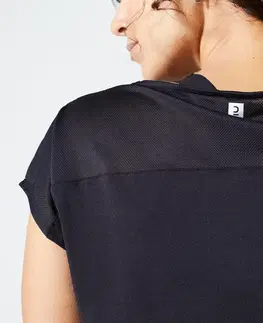 fitnes Dámske voľné tričko s okrúhlym výstrihom na kardio fitnes čierne