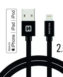 USB káble Dátový kábel Swissten textilný s certifikáciou MFI, Lightning konektorom a podporou rýchlonabíjania, čierny 71524301