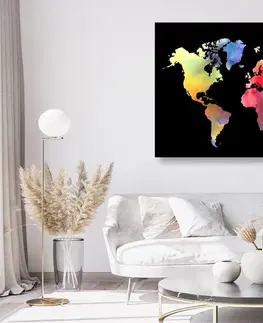 Obrazy na korku Obraz na korku mapa sveta v akvarelovom prevedení na čiernom pozadí