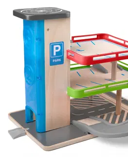 Hračky - autodráhy a garáže pre autíčka WOODY - Garáž s výťahom a príslušenstvom - drevo/plast
