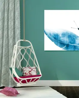 Obrazy zátišie Obraz pierko s motýľom v modrom prevedení