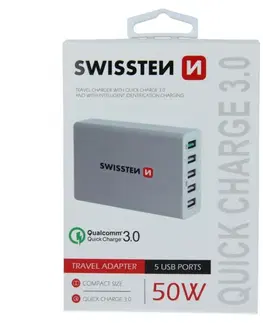 Nabíjačky pre mobilné telefóny Rýchlonabíjačka Swissten Smart IC 50W s podporou QuickCharge 3.0 a 5 USB konektormi, biela 22013306