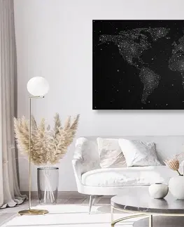 Obrazy na korku Obraz na korku mapa sveta s nočnou oblohou v čiernobielom prevedení