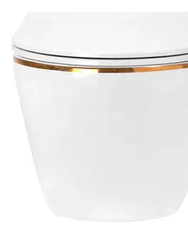 Záchody REA - Závesná WC misa vrátane sedátka Carlo Mini Flat biela/zlatý prúžok REA-C1222