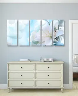 Obrazy kvetov 5-dielny obraz biely kvet ľalie na abstraktnom pozadí