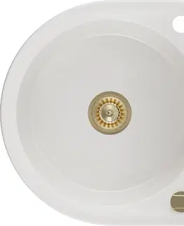 Kuchynské drezy MEXEN/S MEXEN/S - Kevin granitový drez 1 s odkvapkávačom 586x458 mm, biela, + zlatý sifón 6517581005-20-G
