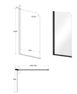 Sprchové dvere HOPA - Vaňová zástena PRIME 1 - FARBA rámu - Čierna, Rozmer A - 70 cm, Smer zatvárania - Univerzálny Ľavé / Pravé, Výplň - Číre bezpečnostné sklo - 5 mm BCPRIM70BC