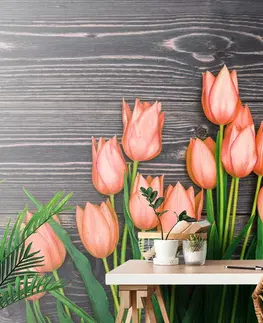 Samolepiace tapety Samolepiaca fototapeta oranžové tulipány na drevenom podklade