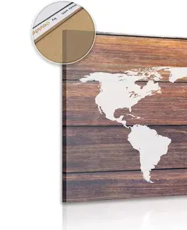 Obrazy na korku Obraz na korku mapa sveta s dreveným pozadím