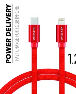 USB káble Dátový kábel Swissten textilný s USB-C, Lightning konektormi a podporou rýchlonabíjania, červený 71525206