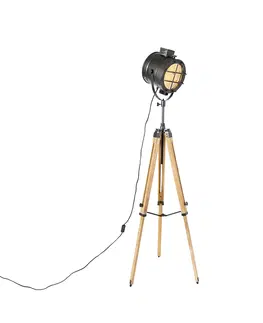 Stojace lampy Stojacia lampa so statívom čierna s dreveným štúdiovým bodom - Lesklá