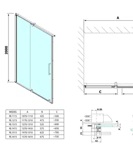 Sprchovacie kúty POLYSAN - ROLLS LINE sprchové dvere 1200, výška 2000, číre sklo RL1215