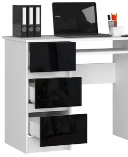 Písacie stoly Dizajnový písací stôl JIŘÍ90L, biely / čierny lesk