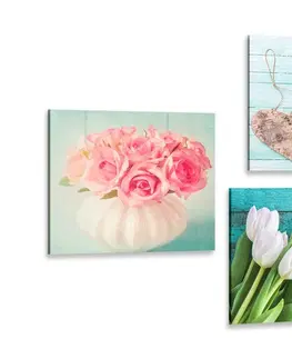 Zostavy obrazov Set obrazov tyrkysové zátišie s kvetinami