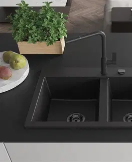 Kuchynské drezy MEXEN/S MEXEN/S - Hektor granitový drez 2-bowl 800 x 480 mm, čierna, čierny sifón 6521802000-77-B