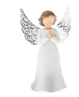 Vianočné dekorácie Polyresinový anjel s kovovými krídlami biela, 12 x 7 cm