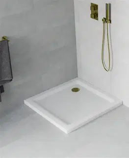 Vane MEXEN/S - Flat sprchová vanička štvorcová slim 90 x 90, biela + zlatý sifón 40109090G