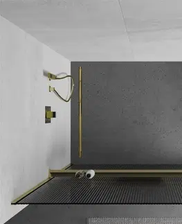 Sprchové dvere MEXEN/S - Kioto+ Sprchová zástena WALK-IN s poličkou a držiakom uterákov 90 x 200, prúžky 8 mm, zlatá 800-090-121-50-09