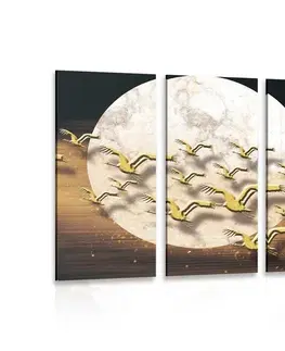 Abstraktné obrazy 5-dielny obraz prelet vtáctva počas splnu mesiaca
