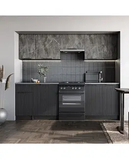 Modulový kuchynský nábytok Kuchynská linka Tamara 240 ZB 28mm sivá mramor/čierna/kor. carbon wood