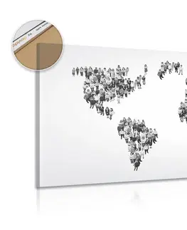 Obrazy na korku Obraz na korku mapa sveta pozostávajúca z ľudí v čiernobielom prevedení