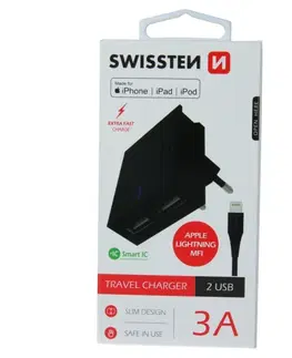Nabíjačky pre mobilné telefóny Rýchlonabíjačka Swissten Smart IC 3.A s 2 USB konektormi a dátový kábel USB / Lightning MFi 1,2 m, čierna 22046000