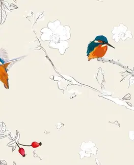 Tapety zvieratá Tapeta vtáčiky v hustom lese s béžovým pozadím