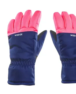 rukavice Detské hrejivé a nepremokavé lyžiarske rukavice 100 modro-ružové fluorescenčné