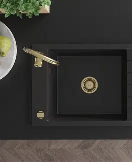 Kuchynské drezy MEXEN/S MEXEN/S - Elias granitový drez 1-miska s odkvapkávačom 795 x 480 mm, čierny, zlatý sifón 6511791005-77-G