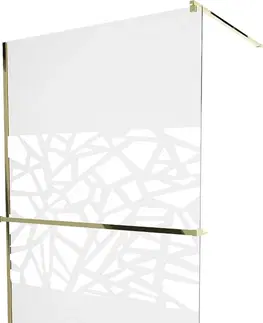Sprchové dvere MEXEN/S - KIOTO Sprchová zástena WALK-IN s poličkou a držiakom uterákov 90 x 200, transparent/bialy vzór 8 mm, zlatá 800-090-121-50-85