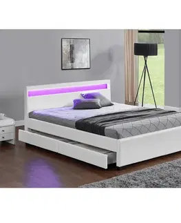 Postele Manželská posteľ, RGB LED osvetlenie, biela ekokoža, 180x200, CLARETA