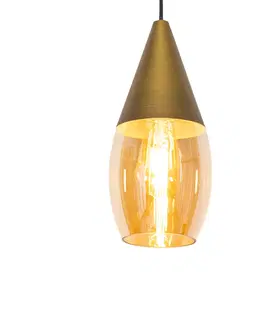 Zavesne lampy Moderné závesné svietidlo zlaté s jantárovým sklom - Drop
