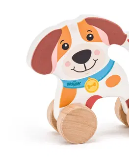 Drevené hračky WOODY - Pes na kolieskach s držadlom