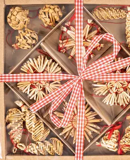 Vianočné dekorácie Sada slamených ozdôb so zvončekmi, 27 ks