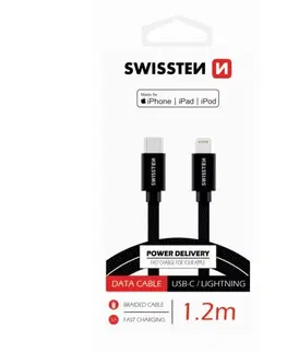 Dáta príslušenstvo Dátový kábel Swissten textilný USB-C / Lightning MFi 1,2 M a s podporou rýchlonabíjania, čierny 71526201