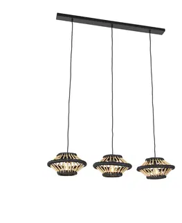 Zavesne lampy Orientálne závesné svietidlo bambusové s čiernym podlhovastým 3-svetlom - Evalin