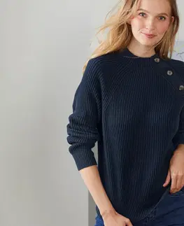 Shirts & Tops Pletený pulóver s gombíkovým detailom, tmavomodrý