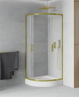 Vane MEXEN/S - Rio sprchovací kút štvrťkruh 80 x 80, dekor, zlato + vanička Rio vrátane výpuste 863-080-080-50-30-4710