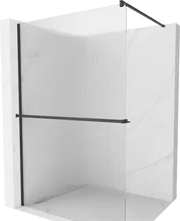Sprchové dvere MEXEN/S - Kioto+ Sprchová zástena WALK-IN s poličkou a držiakom uterákov 130 x 200, prúžky 8 mm, čierna 800-130-121-70-09