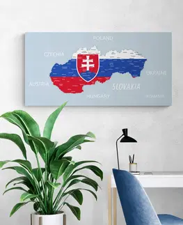 Obrazy na korku Obraz na korku mapa Slovenska so štátnym znakom a okolitými štátmi