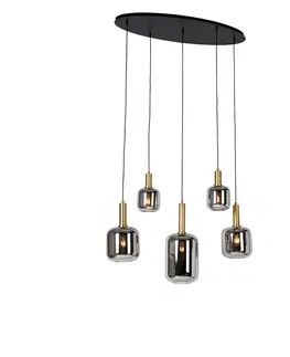 Zavesne lampy Závesné svietidlo čierne so zlatom a dymovým sklom oválne 5-svetlo - Zuzanna