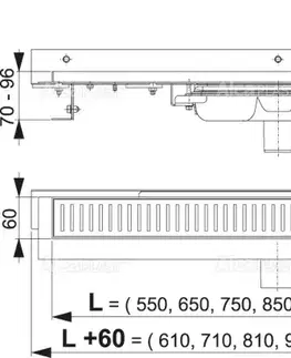 Sprchovacie kúty Alcadrain Podlahový žľab s okrajom pre perforovaný rošt as nastaviteľným golierom k stene, zvislý odtok APZ1104-750 APZ1104-750