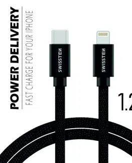 Dáta príslušenstvo Dátový kábel Swissten textilný s USB-C, Lightning konektormi a podporou rýchlonabíjania, čierny 71525201